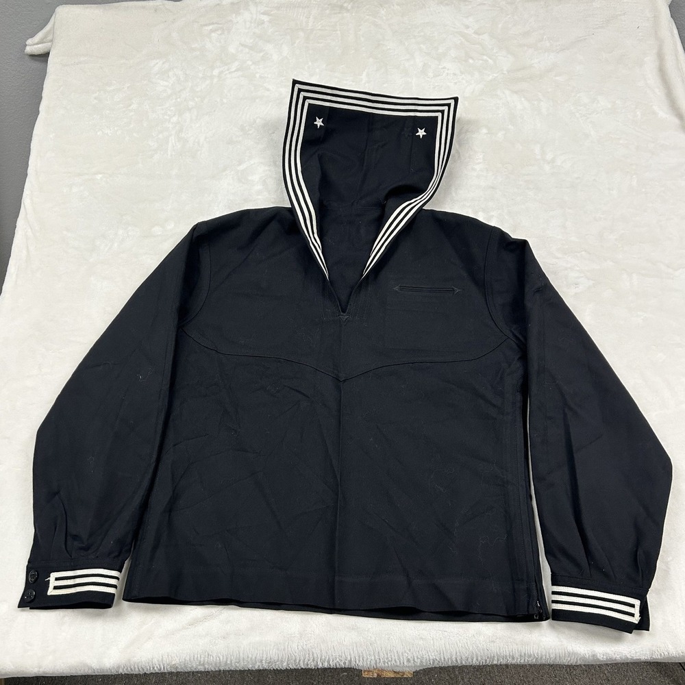 US Navy Jumper Man 44R Blue Dress Wool Sailor Collar Striped Cuffs USN Uniform